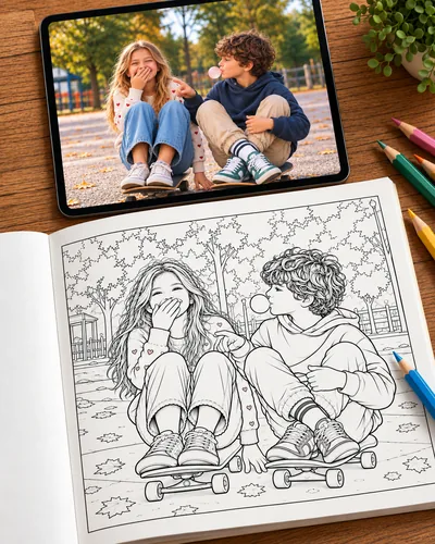 Photo de deux ados assis sur des skateboards, à côté de la même scène en page à colorier