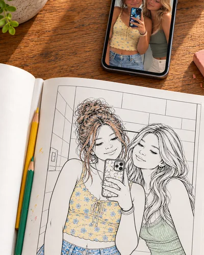 Selfie de deux amies sur un téléphone, à côté du même selfie en page à colorier
