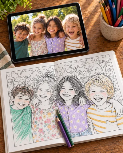 Photo de quatre enfants sur une tablette, à côté de la même photo en page à colorier, pas encore coloriée