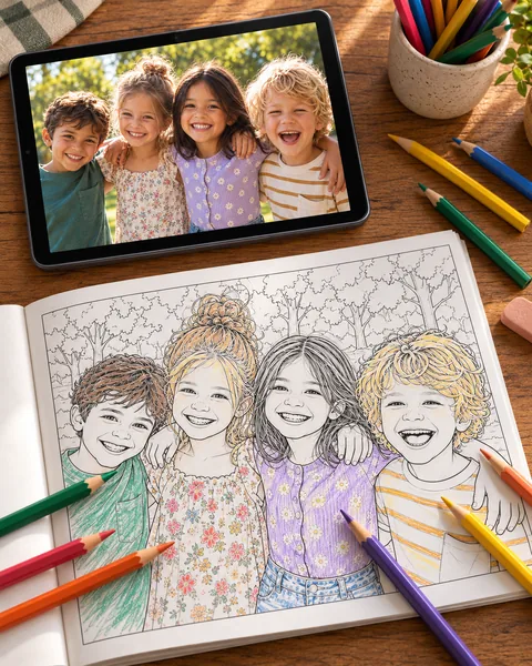 Une photo de quatre enfants sur une tablette, et la même photo devenue une page de coloriage dans un livre ouvert, avec des crayons de couleur