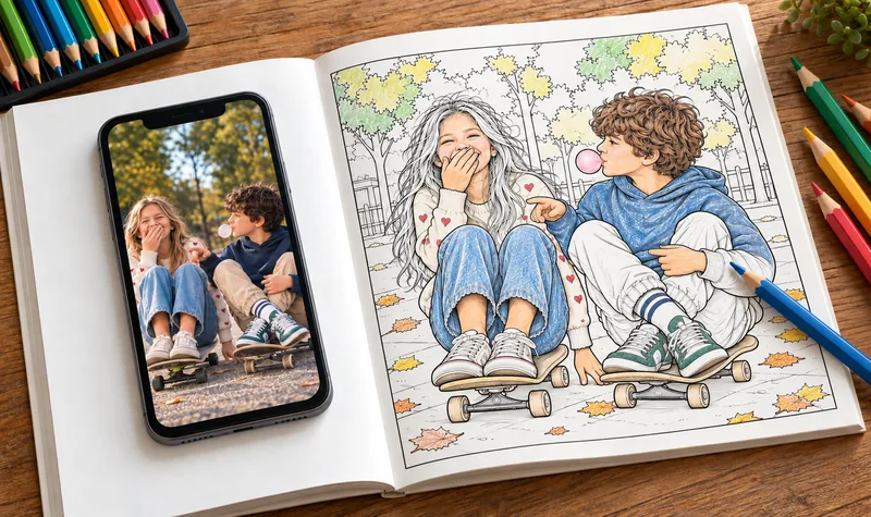 Le livre de coloriage ouvert sur une page commencée aux crayons, à côté de la photo d'origine sur un téléphone